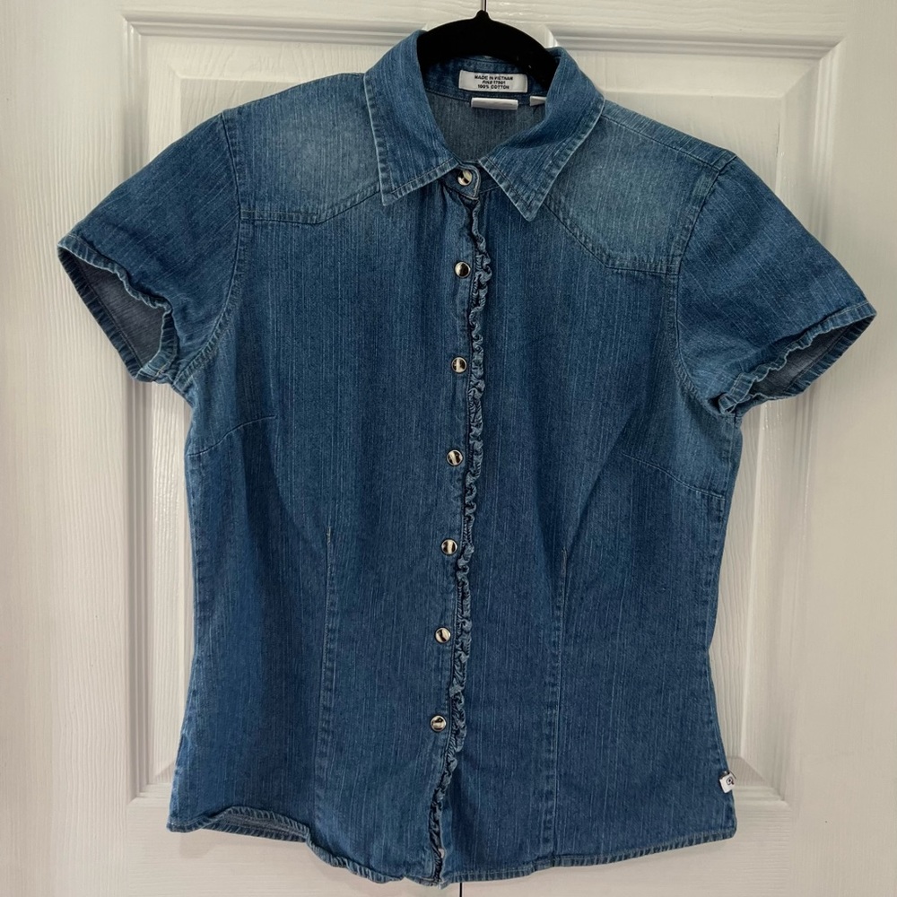 Vintage Cruel Girl Denim Snap Shirt Blue Ruffle Short Sleeve Women’s Medium
